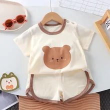 סט קיץ לילדים, חולצה+מכנס קצרים, כותנה מצוירת, 0-4 שנים
