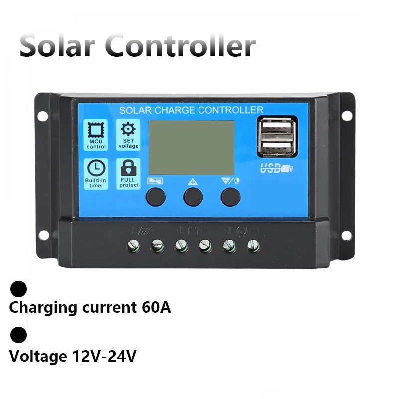 בקר טעינה סולארי 60A PWM - 12V,24V עם USB ו-LCD