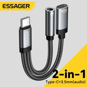 כבל Essager Type C 2 ב-1 לאוזניות וטעינה מהירה