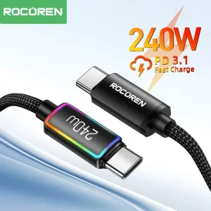 כבל טעינה USB-C Rocoren 240W RGB - אייפון,סמסונג,לפטופ