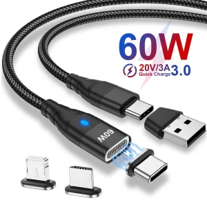 כבל טעינה מגנטי 60W מהיר - USB C ל-TypeC,Micro