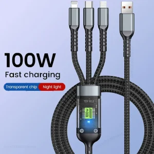 כבל טעינה מהיר 3 ב-1 שקוף 100W - טייפ C, מיקרו USB