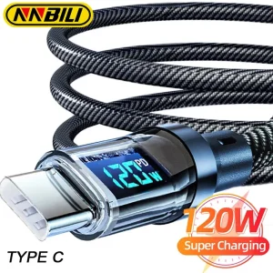 כבל טעינה מהירה Type C - 120W , תצוגת LED לטלפון