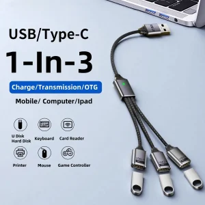 כבל מפצל USB C - 3 פורטים , OTG למכשירים ניידים