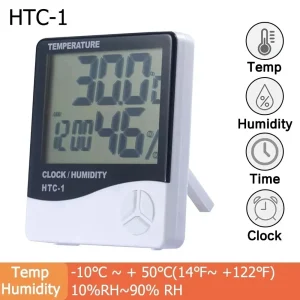 מד-חום דיגיטלי HTC-1, טמפרטורה, לחות, שעון ביתי