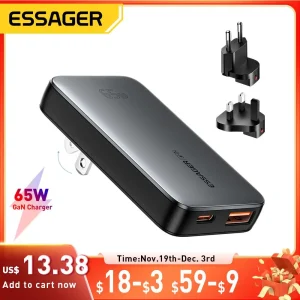 מטען נייד Essager GaN 65W - טעינה מהירה לאייפון ומחשב