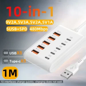 מטען קיר USB 10 פורטים - Type-C, QC3.0 לאייפון וסמסונג