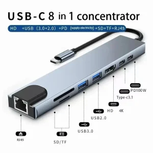 מתאם USB-C 8 ב-1 למחשב נייד - HD, SD, PD, RJ45