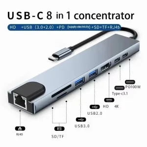 מתאם USB-C 8 ב-1 למחשב נייד - תומך 4K, PD