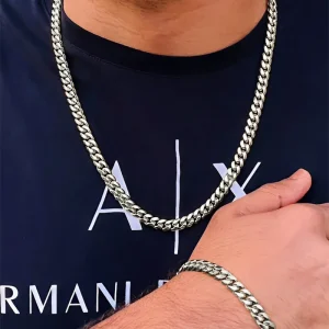 סט שרשרת וצמיד קובני היפ הופ כסף - לגבר