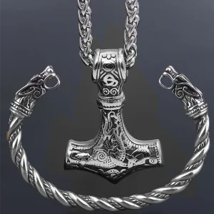 סט תליון פטיש ויקינג רטרו + צמיד ראש זאב - סט תכשיטים