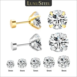 עגילי סטיל קריסטל צמודים LUXUSTEEL - לנשים וגברים