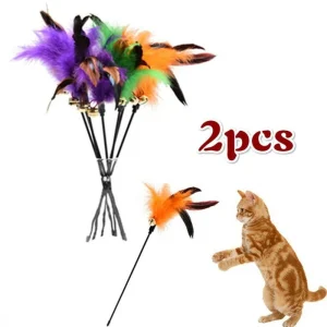 צעצועי חתולים מצחיקים, 2 מוטות עם נוצות ופעמונים