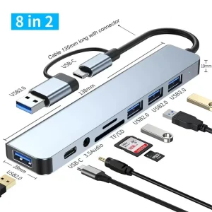 רכזת USB 8 ב-1 - עם קורא כרטיסים SD,TF ו-USB C