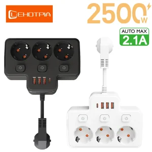 רצועת חשמל עם USB - מסנן רשת קיר EU - מפסק עצמאי