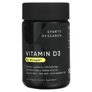 ויטמין D3 חזק Sports Research - 10,000 יחב"ל - 120 כמוסות