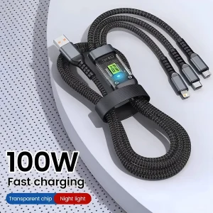 כבל טעינה מהיר 3 ב-1 USB 100W לרכב - טעינה מהירה