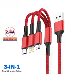 כבל טעינה מהיר 3 ב-1 - אייפון, אנדרואיד, USB-C - 1.2 מטר