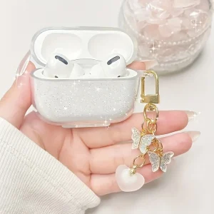 כיסוי Airpods נוצץ - TPU רך עם תליון לב ופרפר