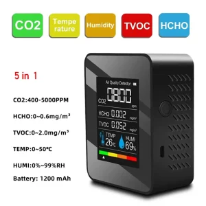 מד CO2 דיגיטלי 5 ב-1 - גלאי איכות אוויר רב תכליתי