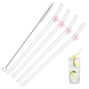 קשיות שתייה רב פעמיות מזכוכית 8 מ,מ עם פרחים