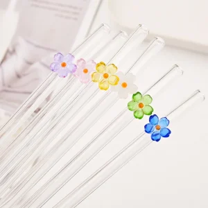 קשיות שתייה רב פעמיות - פרחי זכוכית + מברשת