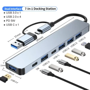 רכזת USB C 7 ב-1 אלומיניום - מפצל USB עם USB 3.0