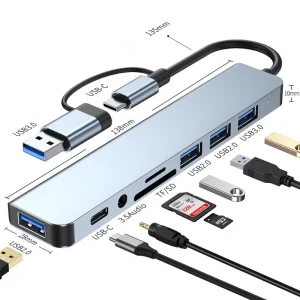 רכזת USB-C 8 ב-1, מתאם למחשב נייד, אוזניות, כרטיס זיכרון