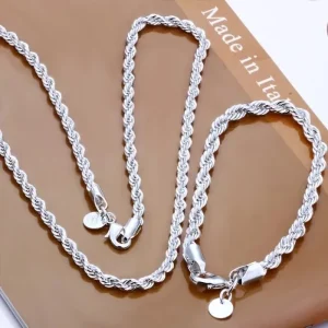 שרשרת חבל כסף 4 מ,מ - צמיד סט לגבר ולאישה