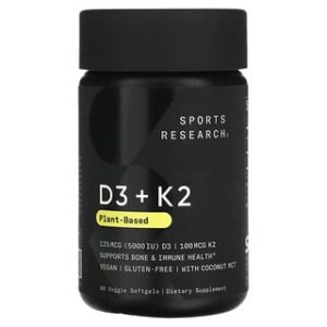 ויטמין D3 K2 טבעוני , Sports Research 60 כמוסות