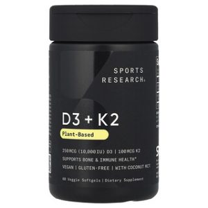 ויטמין D3 + K2 צמחי - 60 כמוסות רכות , Sports Research
