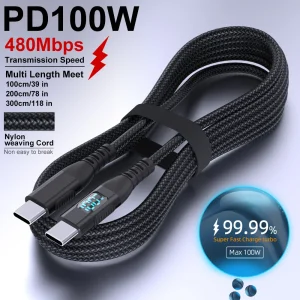 כבל טעינה מהיר USB-C ל-Type C - ניילון קלוע 5A