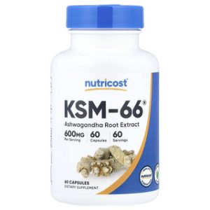 כמוסות אשווגנדה KSM-66 Nutricost - תמיכה בסטרס, 60 יח'