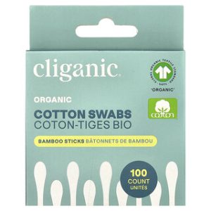 צמר גפן אורגני Cliganic- מקלוני אוזניים, 100 יחידות