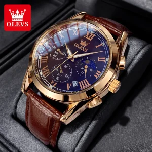 שעון OLEVS Moon Phase לגבר - כרונוגרף עמיד למים עם רצועת עור