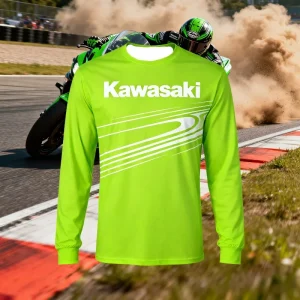 חולצת גברים ניאון ירוקה עם קו מהירות ולוגו קוואסאקי