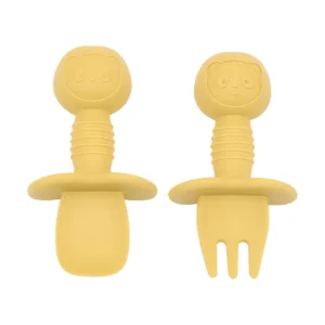 כף ומזלג סיליקון לתינוקות - ידית עץ - 2 יחידות