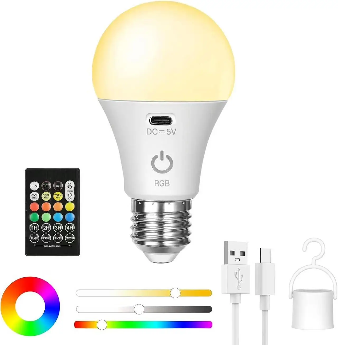 נורת לד נטענת עם שלט- RGB, טיימר, E27 - גיבוי