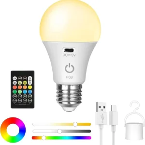 נורת לד נטענת עם שלט- RGB, טיימר וחירום E27
