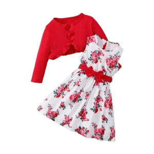 סט שמלה בנות 2 חלקים-סריג+פרחוני עם חגורה