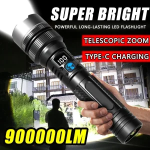 פנס לד חזק במיוחד 900000LM - נטען, לתצוגה דיגיטלית