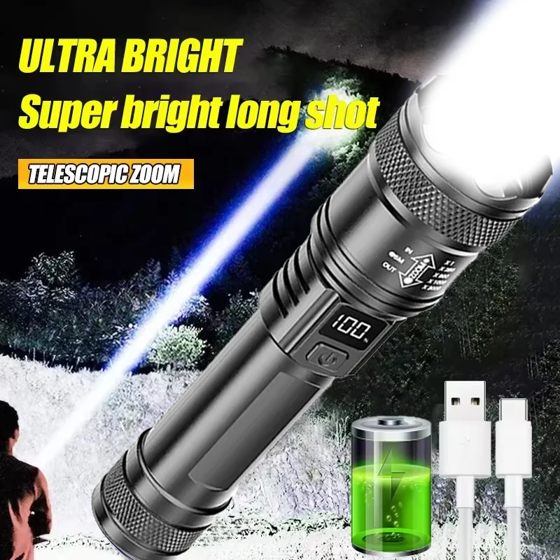 פנס לד טקטי 2000LM - טעינת USB, תצוגה, זום, קמפינג