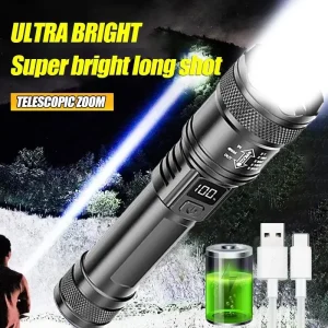 פנס לד טקטי 2000LM - נטען USB, צג וזום