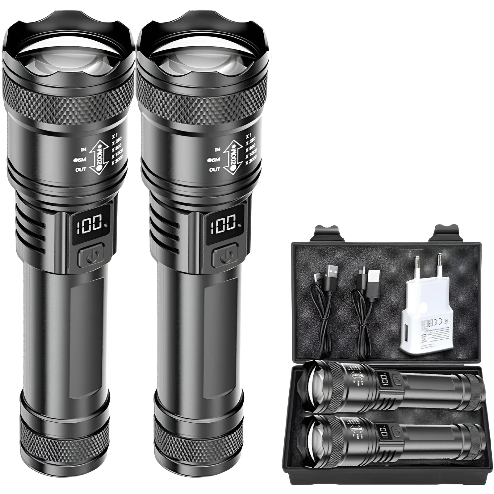 פנס לד נטען זום תצוגה LCD - פנס חזק עמיד למים