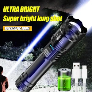 פנס לד עוצמתי - נטען USB, תצוגת סוללה, זום