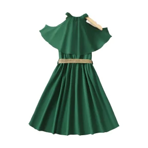 שמלת נסיכה ירוקה לילדות 8-12 - כתף חשופה וחגורה