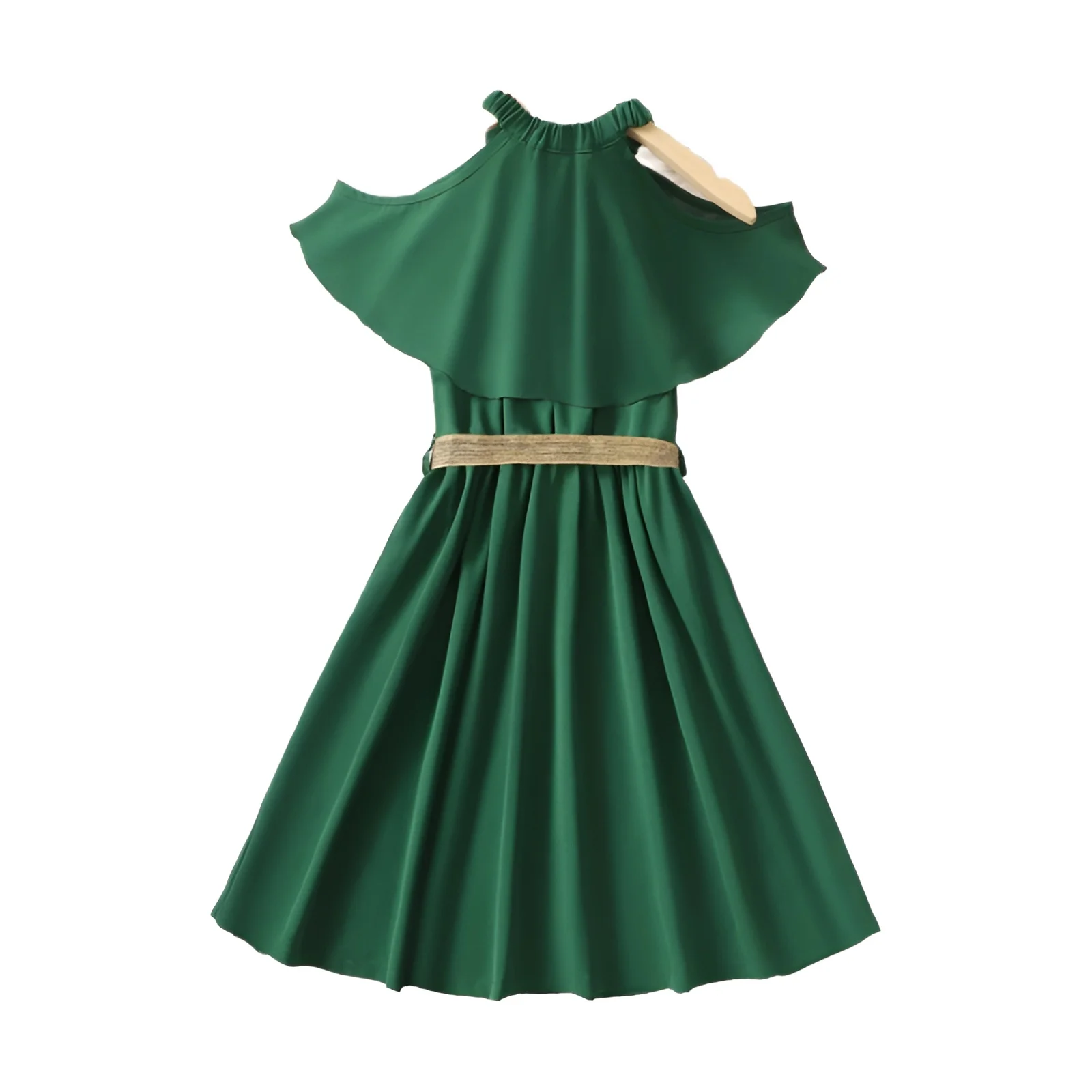 שמלת נסיכה ירוקה לילדות 8-12 - כתף חשופה וחגורה