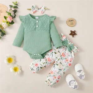 סט בגדי תינוקת 3 חלקים - חליפת רומפר פרחים