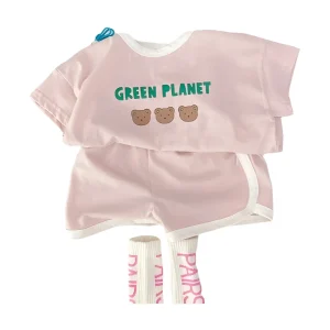 סט בגדי תינוקות קיץ- חולצה ומכנסיים דובון כותנה