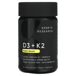 D3+K2 טבעוני , Sports Research - ויטמין D3 & K2 60 כמוסות